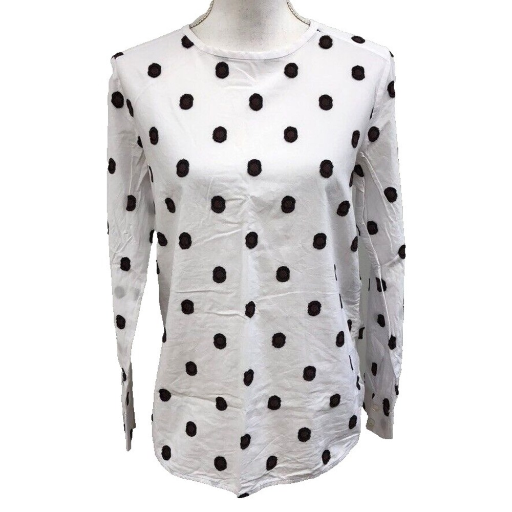 Tela White Shirt Blouse Womens XS Polka Dot Brown Black Long Sleeve Cotton Retro
